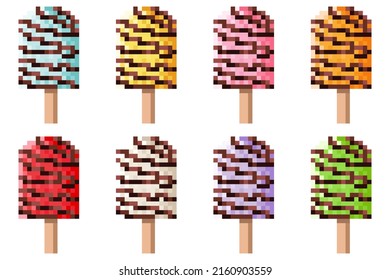 Ice cream sticks pixel art set. Vector illustration.