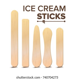 Ice Cream Sticks Set Vector. Different Types. Wooden Stick For Ice cream, Medical Tongue Depressor. Isolated On White Background Illustration