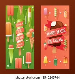 Ice cream store banner, vector illustration. Colorful advertisement flyer, hand made gelato, family owned creamery. Selection of tasty frozen desserts, delicious treat. Typography banner for gelateria