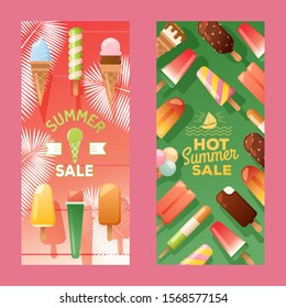 Ice cream store banner, vector illustration. Colorful advertisement flyer, summer sale creamery promotion. Selection of tasty frozen desserts, delicious treats. Typography banner for summer gelateria