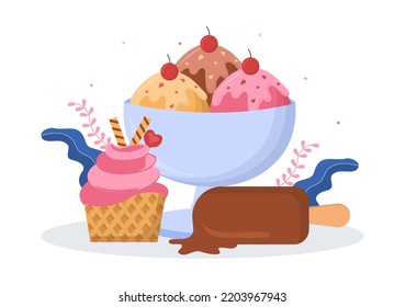 Ice Cream Store Template Hand Drawn Cartoon Flat Illustration with Delicious Dessert and Various Flavors Design