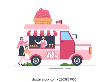 Ilustración plana de caricatura dibujada a mano en una tienda de helados con delicioso postre y variados sabores