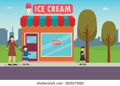 Ice cream store vector concept: Little girl and her mother going to ice cream store while joining hands together