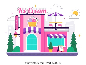 Ice Cream Store Vector Illustration featuring a Building for Selling Delicious Desserts and Various Flavors in a Flat Style Cartoon Background