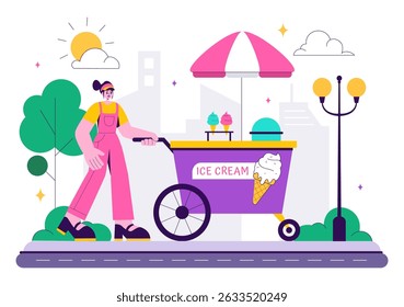 Ice Cream Store Vector Illustration featuring a Building for Selling Delicious Desserts and Various Flavors in a Flat Style Cartoon Background