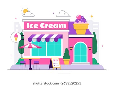 Ice Cream Store Vector Illustration featuring a Building for Selling Delicious Desserts and Various Flavors in a Flat Style Cartoon Background
