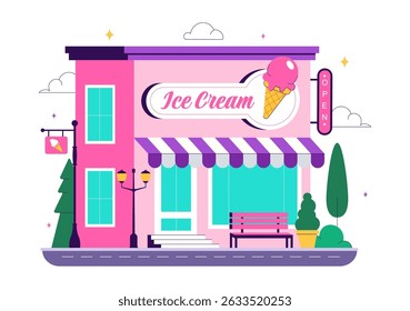 Ice Cream Store Vector Illustration featuring a Building for Selling Delicious Desserts and Various Flavors in a Flat Style Cartoon Background