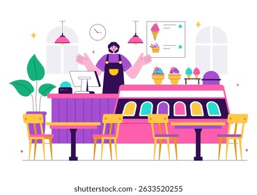 Ice Cream Store Vector Illustration featuring a Building for Selling Delicious Desserts and Various Flavors in a Flat Style Cartoon Background