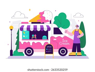 Ice Cream Store Vector Illustration featuring a Building for Selling Delicious Desserts and Various Flavors in a Flat Style Cartoon Background
