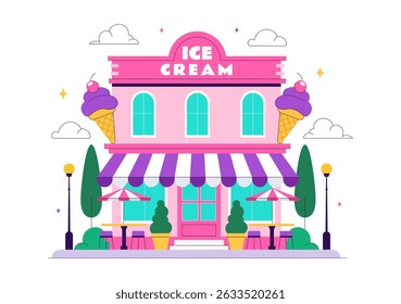 Ice Cream Store Vector Illustration featuring a Building for Selling Delicious Desserts and Various Flavors in a Flat Style Cartoon Background