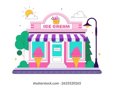 Ice Cream Store Vector Illustration featuring a Building for Selling Delicious Desserts and Various Flavors in a Flat Style Cartoon Background