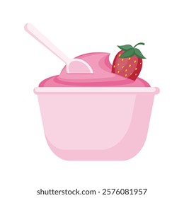 Ice cream with straberry and plastic spoon on top cartoon illustration sweet dessert