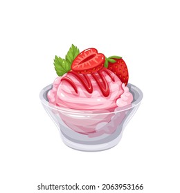 Ice cream with strawberries in glass bowl vector illustration