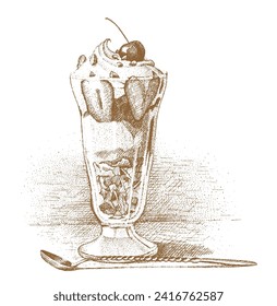 Ice cream with strawberries in a glass cup drawn by hand