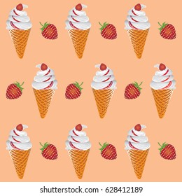 Ice cream with strawberries and jam. Pattern on orange background. Design for textiles, tapestries, packaging, bags, wallet, goods for children.