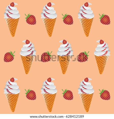 Ice cream with strawberries and jam. Pattern on orange background. Design for textiles, tapestries, packaging, bags, wallet, goods for children.