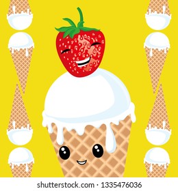 Ice cream with strawberries on a yellow background.