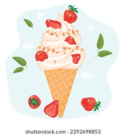 Ice cream with strawberries in a waffle cone.Ripe berry whole and pieces and crushed nuts.Delicious dessert in color and isolated on a white background.Vector cartoon flat style illustration.