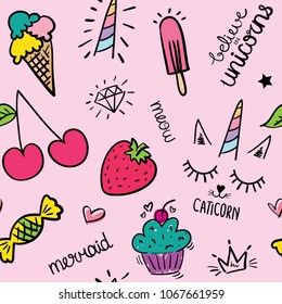 Ice cream, strawberry, cherry, candy and other drawings and text as seamless endless repeating pattern texture / Vector illustration design for fashion fabrics, textile graphics and other uses.