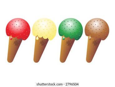 Ice cream. Strawberry, chocolate, vanilla and pistachio icecream cones over white background