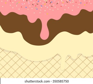 Ice cream strawberry chocolate and vanilla with colorful topping sprinkles texture background wallpaper. Vector image