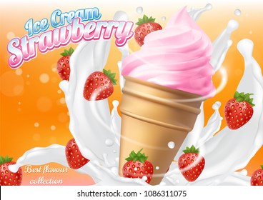 Ice cream strawberry cone dessert vector realistic illustration. Dairy product with fresh and ripe strawberry, milk splashes. Ice cream ad design template.