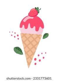 Ice cream strawberry cone dessert. Dairy product with fresh and ripe strawberry. Vector illustration