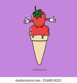 ice cream with strawberry flavor. ice cream and fruit combination icon. Food and drink concept icon isolated in flat cartoon style