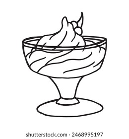Ice cream with a strawberry in a glass cup hand drawn outline illustration. Sweet and tasty refreshing sugar food pen drawing. Delicious delicatessen flat cartoonish logo drawing. Frozen vanilla cream