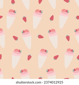 Ice cream, strawberry, heart, sweetness, cone, food, waffle, pattern, seamless, wrapping paper, delicate ice creams on a yellow background