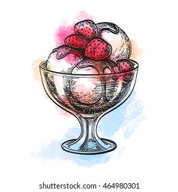 Ice cream with strawberry isolated on white. Hand drawn vector illustration. Watercolor background.