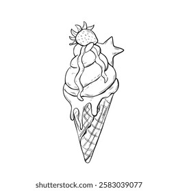 Ice cream with strawberry line art vector. 