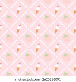 Sorvete, morango em um fundo rosa, bolinhas brancas, padrão de tecido, papel de embrulho para presente , padrão sem emenda 