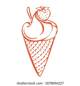 Ice cream with strawberry. Pink countour Icecream in waffle cup hand made drawing