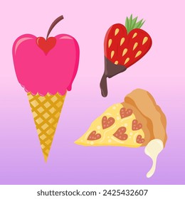 Helado, fresa y pizza con detalles en forma de corazón, en un estilo colorido.