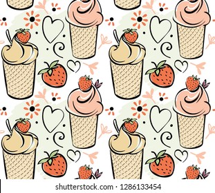 Ice cream with strawberry. seamless pattern Black white pink creame red hand made drawing for kids, adult, caffee