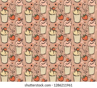 Ice cream with strawberry. seamless pattern Black white pink creame red hand made drawing for kids, adult, cafe