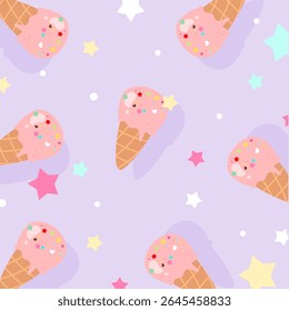 Ice cream strawberry seamless pattern with sprinkle and star decoration. Girly decoration.Can be used for wallpaper, paper wrapping, print and fashion fabric