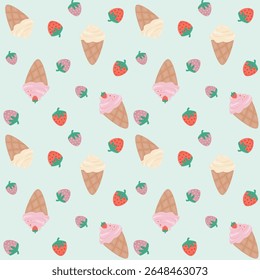Patrón sin fisuras de helado y fresa sobre fondo verde.