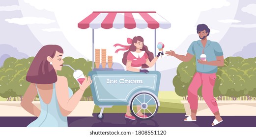 Ice cream street flat composition kiosk in park and guy buys ice cream vector illustration