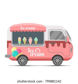 Ice cream street food caravan trailer. Colorful vector illustration, cute style, isolated on white background