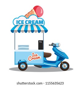 Ice cream street food cart, scooter, moped, truck, with fresh Cones, Sticks, Buckets, Sherbet, Rolled Ice Cream, Soft Serve, Frozen Yogurt, Gelato, Kulfi, Sorbet, Faloodeh. Colorful illustration, cute