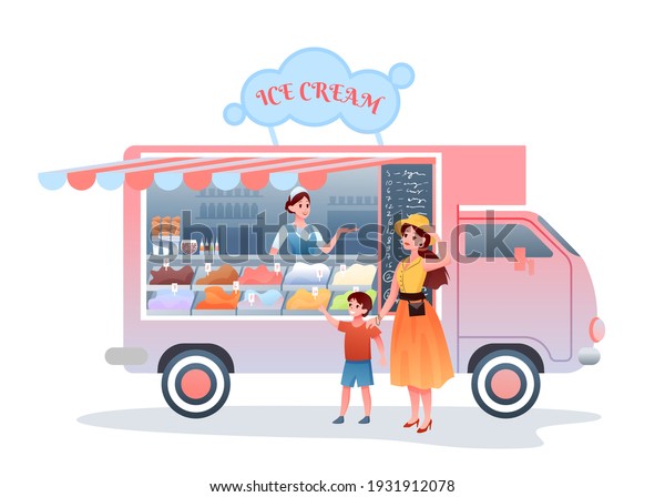 Ice cream street market food truck vector\
illustration. Cartoon mother character buying child son ice cream,\
woman seller vendor selling cold dessert sweet snack in kiosk\
marketplace isolated on\
white