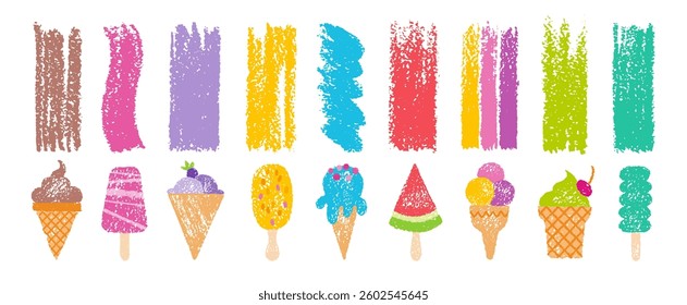Ice cream with stroke line. Cute shape, summer vector. Marker or crayon texture sweet scratch. Fruit ice cream cone, scribble splash. Hand drawn popsicle bg. Watercolor melt food. Pattern frame