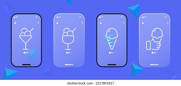 Ice cream in sugar cone line icon. Glaze, chocolate, on a stick, ice cream, frozen juice, in a sugar glass, Frozen yogurt, sweetness. Yummy concept. Glassmorphism style. Vector line icon for Business