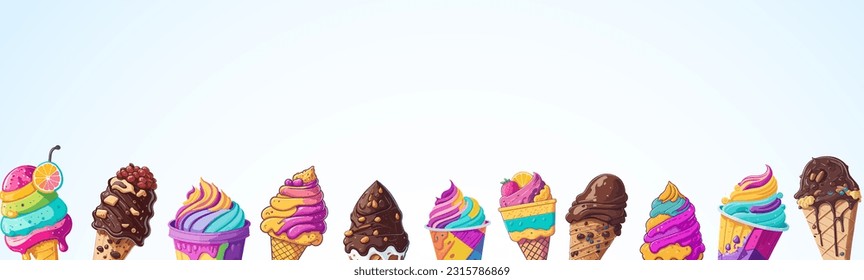 Ice cream summer art background, border. Vector flat colorful illustration. Social Media Post Template, advertising, banner, sign, cover design isolated on blue background