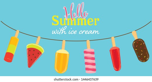 ice cream in the summer background, colorful ice cream set, sweet dessert