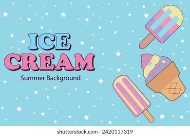 Ice cream summer background. Summer ice cream dessert. Wallpaper concept. Summer party banner.  Summer festival design, bar menu, tropical background