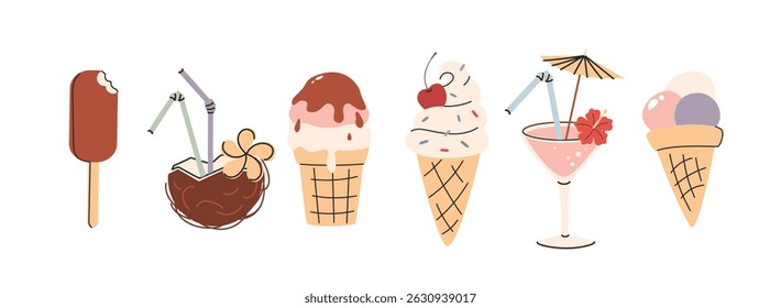 Ice cream Summer Cocktail set. Cold and sweet ice cream clip art with flavor in popsicle stick, cone and cup elements vector illustration summer dessert