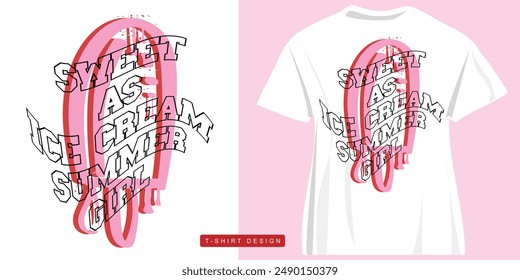 Ice cream verano concepto dibujo y cita tipografía. Diseño de Ilustración vectorial para impresión, gráfico, póster, pegatina, moda, camiseta, camiseta de eslogan.